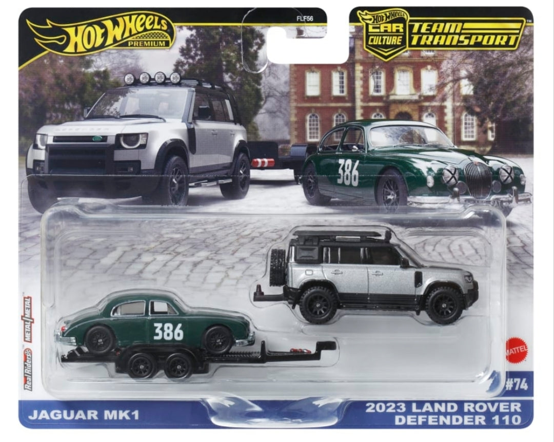 Land Rover Defender 110 + Jaguar MK1 Hot Wheels Team Transport Premium – Set Diecast 1:64