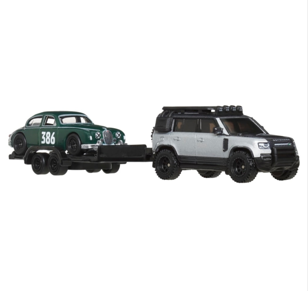Land Rover Defender 110 + Jaguar MK1 Hot Wheels Team Transport Premium – Set Diecast 1:64