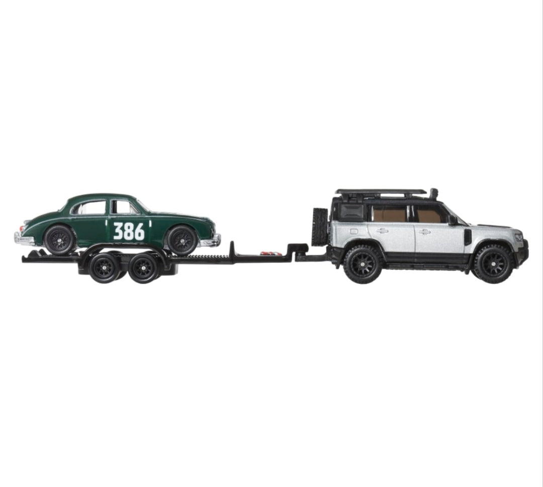 Land Rover Defender 110 + Jaguar MK1 Hot Wheels Team Transport Premium – Set Diecast 1:64